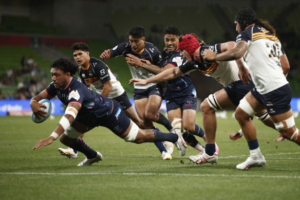Rob Leota of the Rebels scores a try that was later disallowed during the round one Super Rugby Pacific match against the Brumbies.