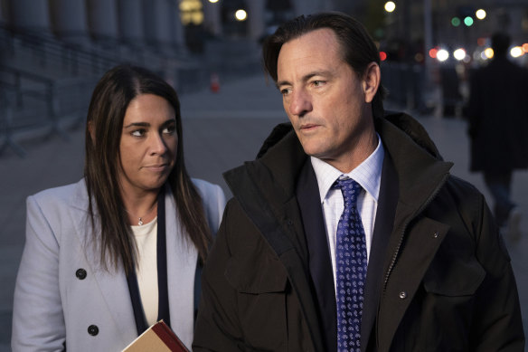 Attorney Bradley Edwards and Brittany Henderson, who represent two of Jeffrey Epstein’s victims, leave the federal courthouse following testimony in the sex trafficking trial of British socialite Ghislaine Maxwell.