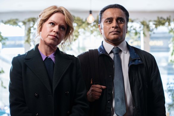 Jess James (Sinead Keenan) and Sunny Khan (Sanjeev Bhaskar) in season five of Unforgotten.
