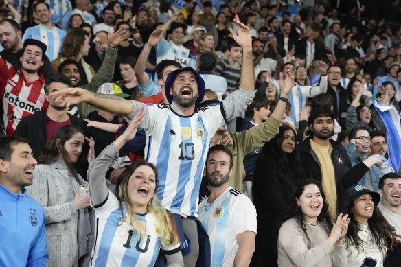 Argentinian fans celebrate following their team’s win in the Rugby Championship against Australia. 