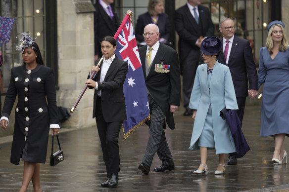 From left: Matildas captain Sam Kerr, Governor-General David Hurley with wife Linda, Prime Minister Anthony Albanese with partner Jodie Haydon on the way to the coronation.