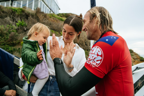 Owen Wright with wife Kita and daughter Rumi at last year’s Ripcurl Pro at Bells Beach.