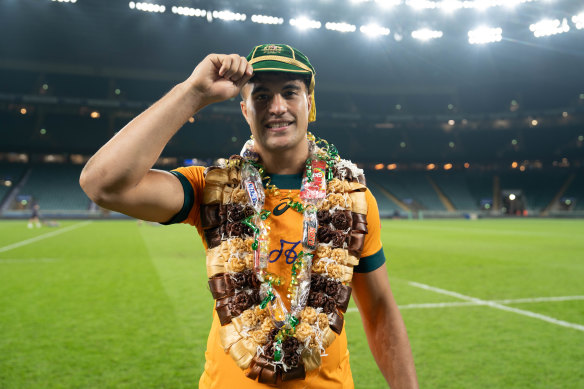 Joseph-Aukuso Suaalii after winning his first Test cap at Twickenham.