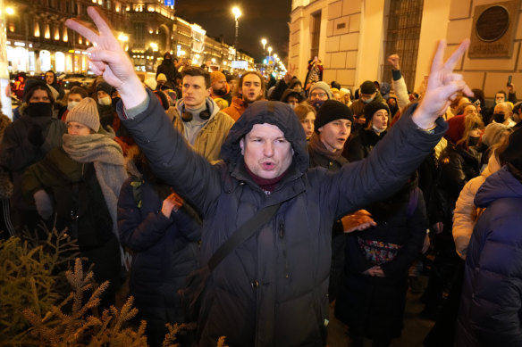 People take to the streets in St Petersburg, Russia, to protest their country’s actions in Ukraine.