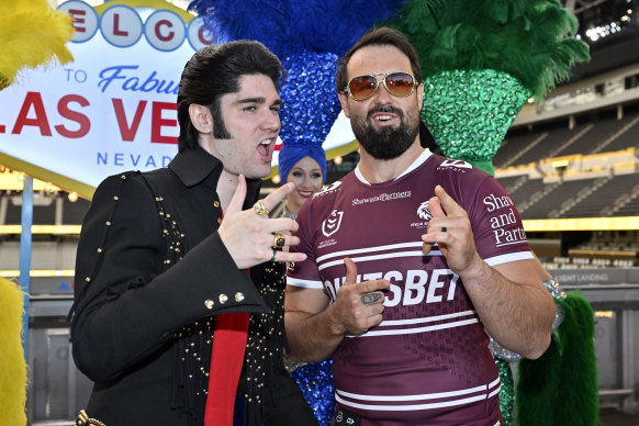 Aaron Woods with an Elvis impersonator in Las Vegas.