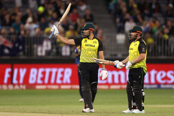 Marcus Stoinis salutes after hitting Australia’s fastest Twenty20 half century, against Sri Lanka on Tuesday night.