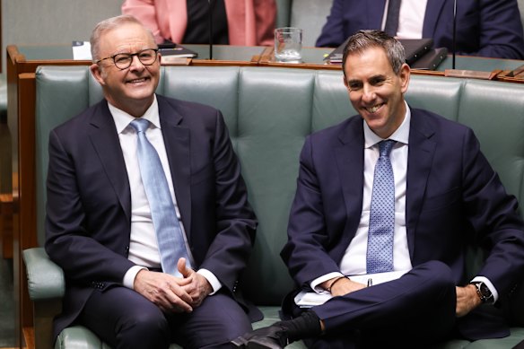 Anthony Albanese and Jim Chalmers during a vote in the House of Representatives this week.