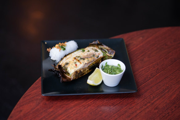 Royal sea bream in banana leaf.