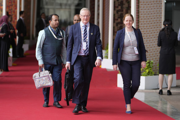 Reserve Bank governor Philip Lowe arrives at a G20 meeting of finance ministers and central bank governors in India.