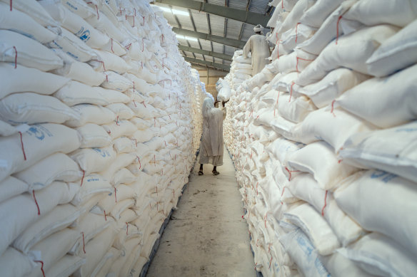 Ukrainian wheat fills a warehouse in Port Sudan in February.