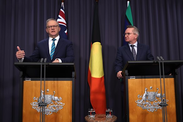Prime Minister Anthony Albanese and Energy Minister Chris Bowen during a press conference at Parliament House today.
