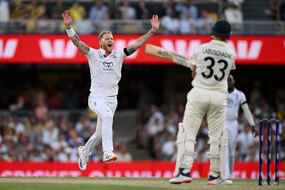 Ben Stokes celebrates Labuschagne’s wicket in Brisbane last summer.