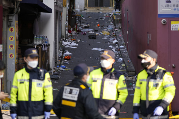 South Korean police officers stand guard at the scene in Seoul.