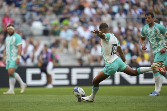 Manie Libbok kicks a penalty for South Africa against South Africa at the Stade de Marseille.