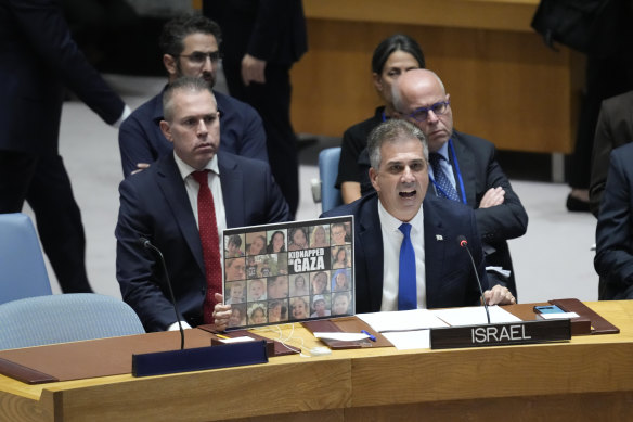 Israeli Foreign Minister Eli Cohen speaks during a Security Council meeting.