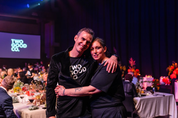 No worthier cause: Two Good founder Rob Caslick with graduate Chrissy at Thursday night’s fundraiser in Redfern.