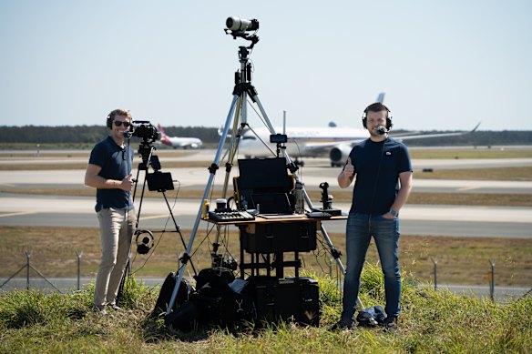 Matt Finlay and James Haddow from Only Planes at the Brisbane Airport viewing platform.