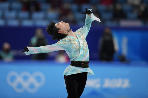Yuzuru Hanyu, of Japan, competes in the men’s free skate program during the figure skating event at the 2022 Winter Olympics on Thursday.