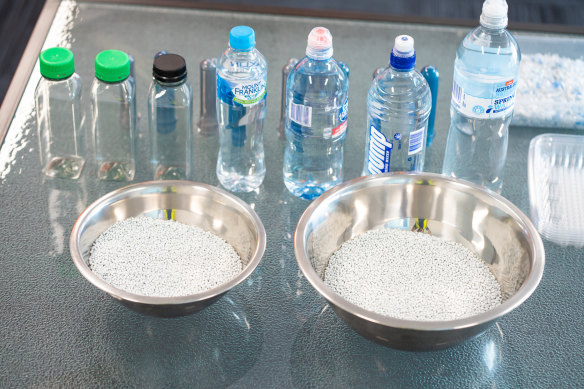 PET products that have been turned into pellets at the state-of-the art recycling facility.