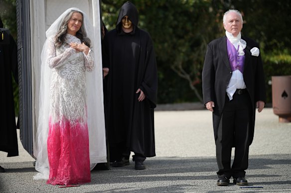 Killeen, dressed as a widowed bride, as host of The Traitors Australia.