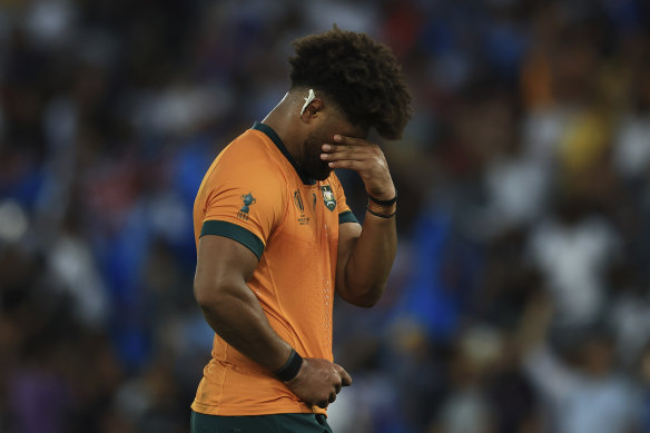 Rob Valetini reacts after the Wallabies’ loss to Fiji at the Rugby World Cup in France.