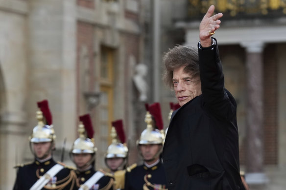 Mick Jagger arrives for a state dinner held in honour of King Charles III and Queen Camilla at the Palace of Versailles.
