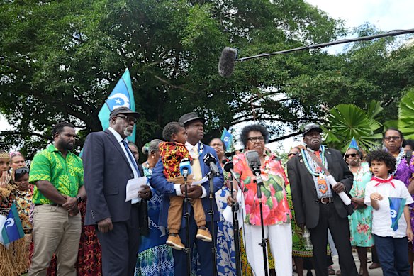 Uncle Paul Kabai (left), Uncle Pabai Pabai and Aunty McRose Elu speak after unsuccessfully suing the government. 
