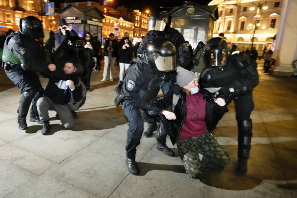 Police detain people protesting against the Ukraine war in St Petersburg early in March.