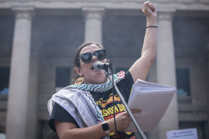 Activist Meriki Onus speaks to the crowd during the Invasion Day rally on January 26.