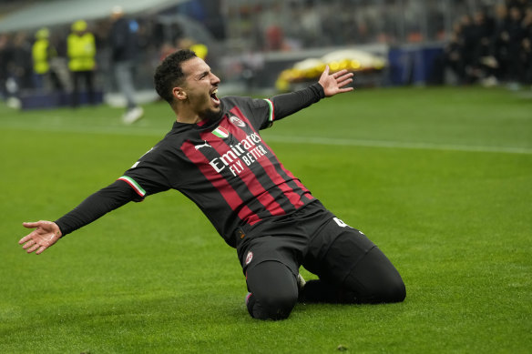 AC Milan’s Ismael Bennacer celebrates the goal that gave the seven-time European champions the upper hand against Napoli.