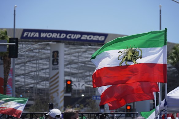 Flags fly outside SoFi.