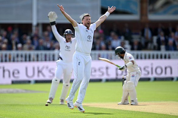 England’s Ollie Robinson successfully appeals for the wicket of Mohammad Rizwan during day two of the 2nd Test against England at Lord’s.