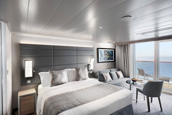 An MSC Yacht Club Deluxe Suite on board World Europa offers balcony space and minibar, should you choose to stay in. 