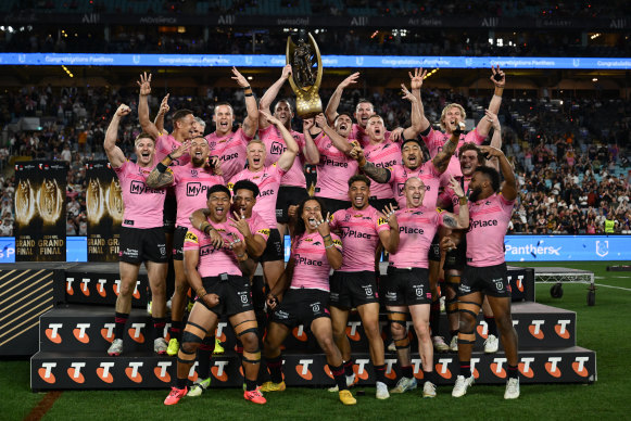 Penrith’s premiers were all smiles on Sunday night after their win over Melbourne.