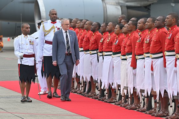 Prime Minister Anthony Albanese is greeted by a guard of honour in Nadi, Fiji.