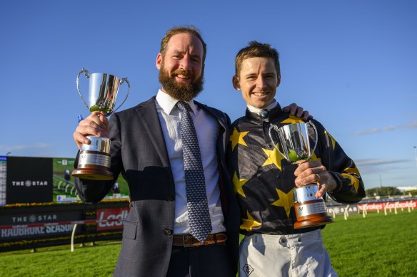 Ciaron Maher and Jason Collett after King Colorado’s win in the JJ Atkins Stakes.