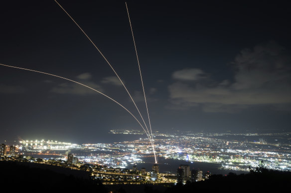 Israeli Iron Dome air defence system fires to intercept rockets that were launched from Lebanon.