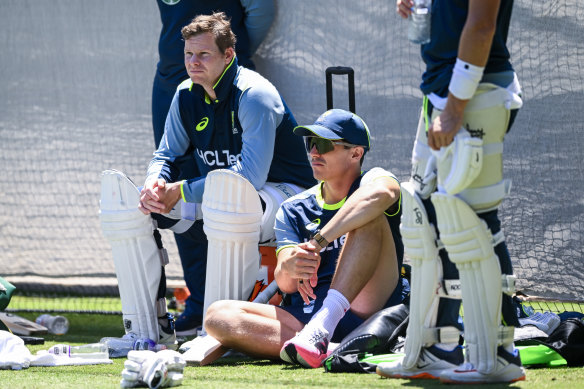 Teammates Steve Smith and Pat Cummins at Test training in Adelaide.