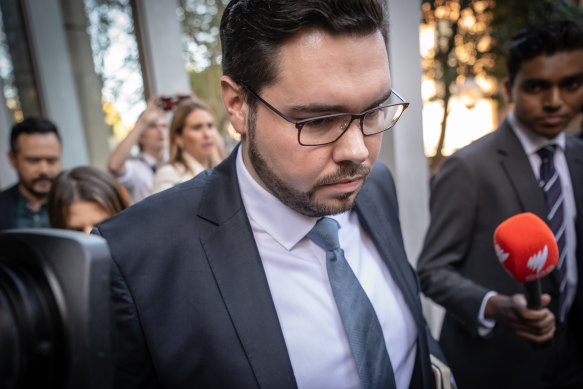 Bruce Lehrmann departs court after the verdict on April 15.