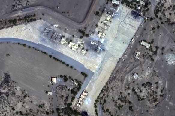 Satellite images showed destroyed shelters at Hudaydah airfield in Yemen.