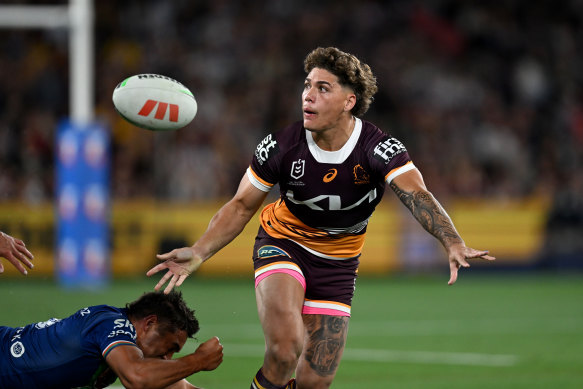 Reece Walsh throws a forward pass in the Broncos’ preliminary final win over the Warriors.