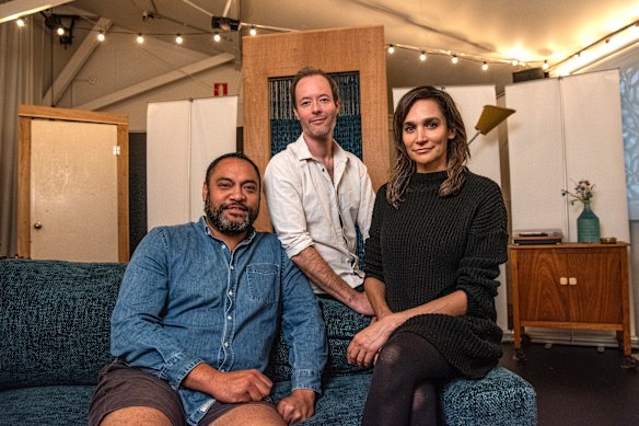 Nicole Da Silva, Anthony Taufa and Gareth Davies take a break from rehearsals.