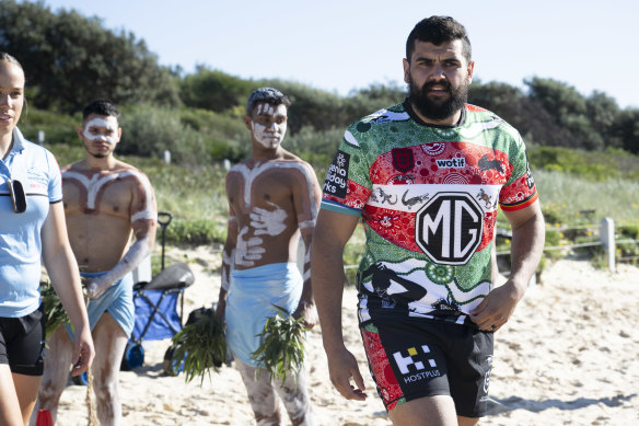 South Sydney prop Shaquai Mitchell models the Rabbitohs’ Indigenous Round jersey.