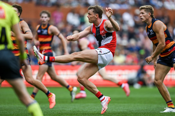 Mason Wood kicks one of his two goals in St Kilda’s loss to Adelaide.