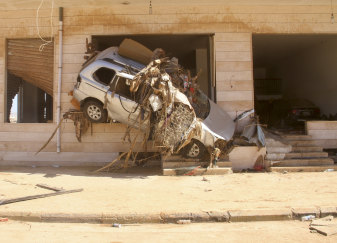 Damage from massive flooding is seen in Derna.