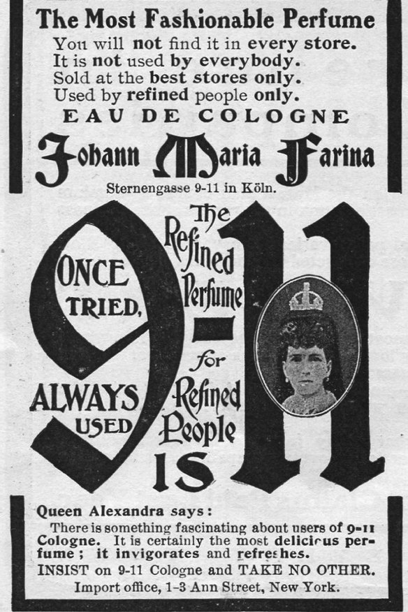 Advertisement for 9-11 cologne and perfume by German perfumer Johann Maria Farina, 1902.