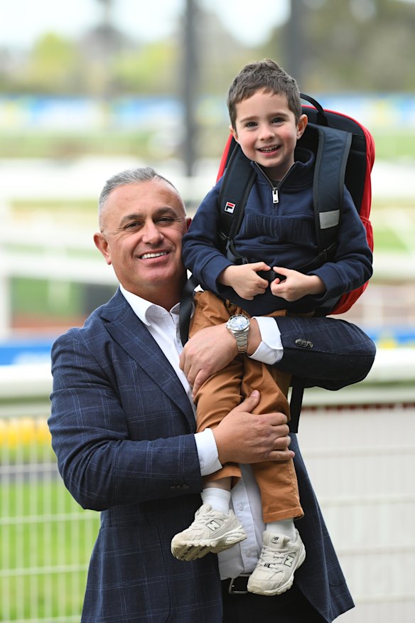 Kanga with Oakley McNeil, the son of jockey Jye McNeil, at Sandown in late August.