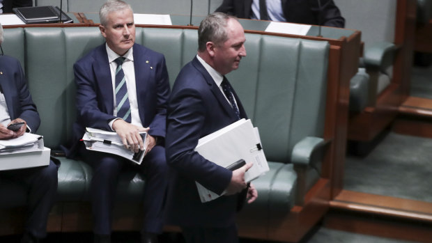 Minister for Veterans' Affairs Michael McCormack and Deputy Prime Minister Barnaby Joyce in Parliament this month.