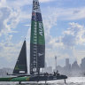 In this image provided by SailGP, Australia SailGP Team helmed by Tom Slingsby is seen on Race Day 2, Saturday, Dec. 18, 2021 in Sydney (Phil Hilyard/SailGP via AP)