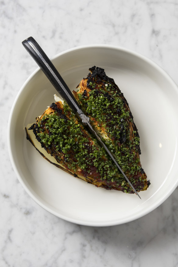 Charred sugarloaf cabbage with fermented chilli. 